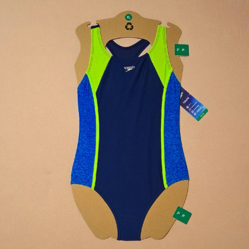 Girls Youth Speedo Navy and Neon Green One Piece Swimsuit